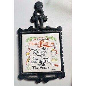 Vintage Kitchen Prayer Wall Plaque Cast Iron Frame Ceramic Tile Japan